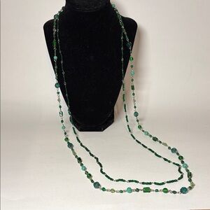 Multi stranded Long Green Glass Beaded Chain Statement Necklace 38”